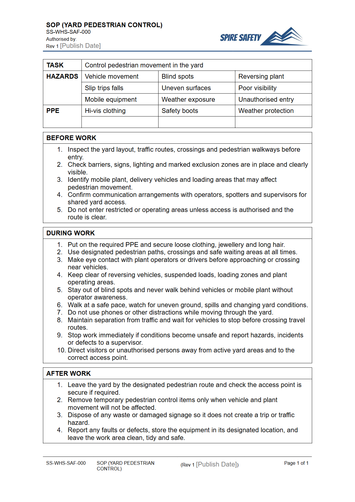 Free Safe Operating Procedure (Yard Pedestrian Control) Template