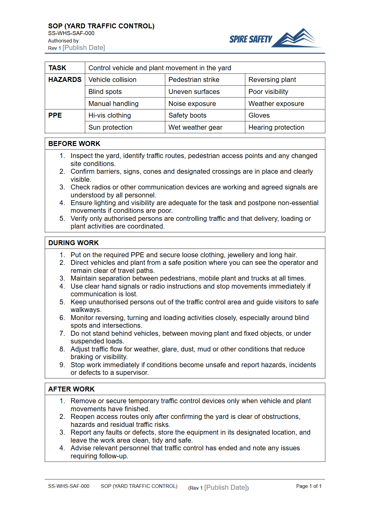 Free Safe Operating Procedure (Yard Traffic Control) Template