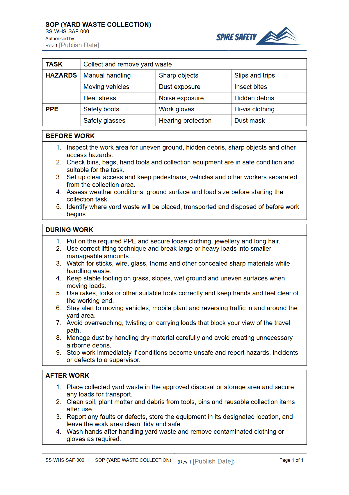 Free Safe Operating Procedure (Yard Waste Collection) Template