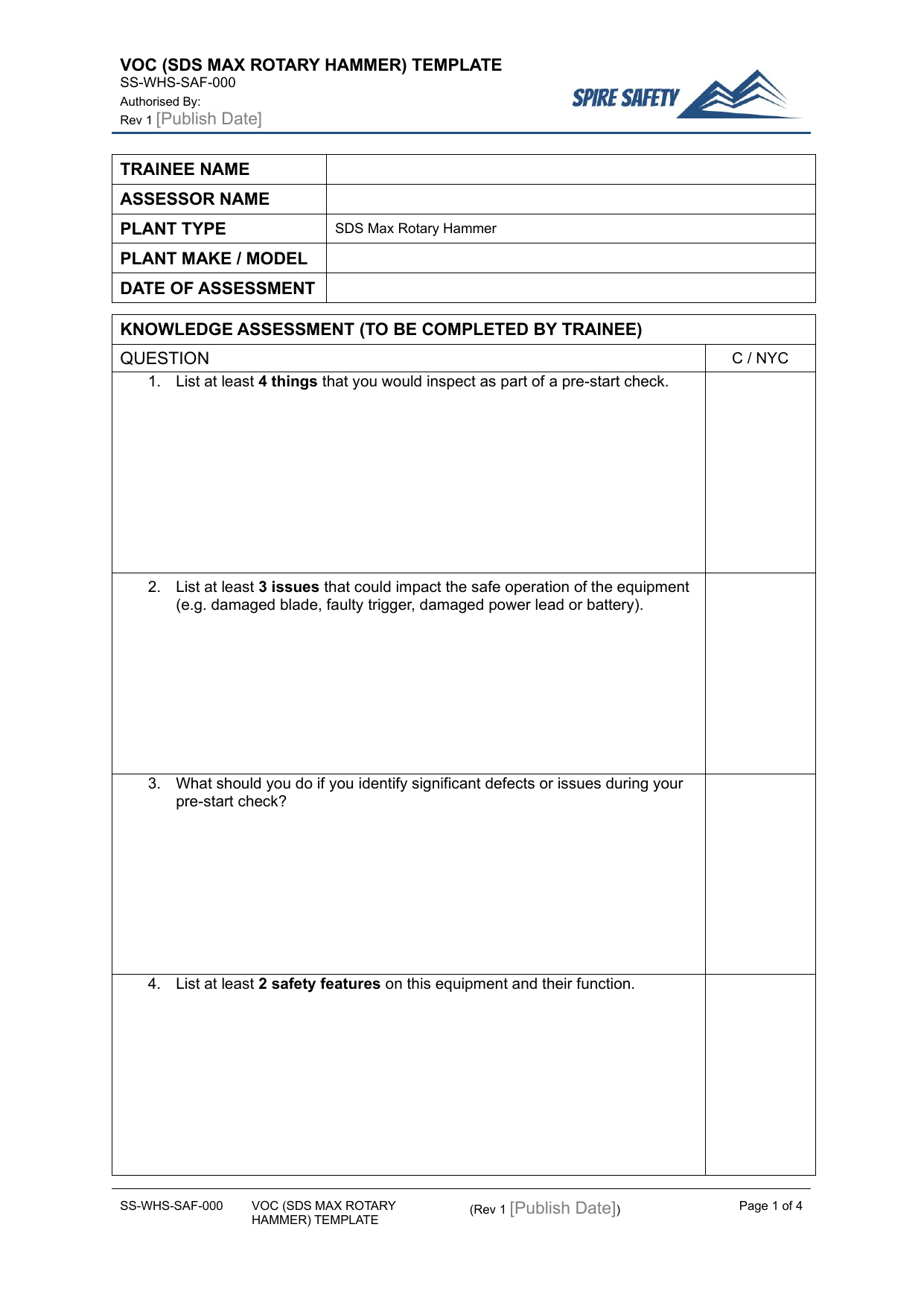 Verification of Competency (SDS Max Rotary Hammer) — document preview
