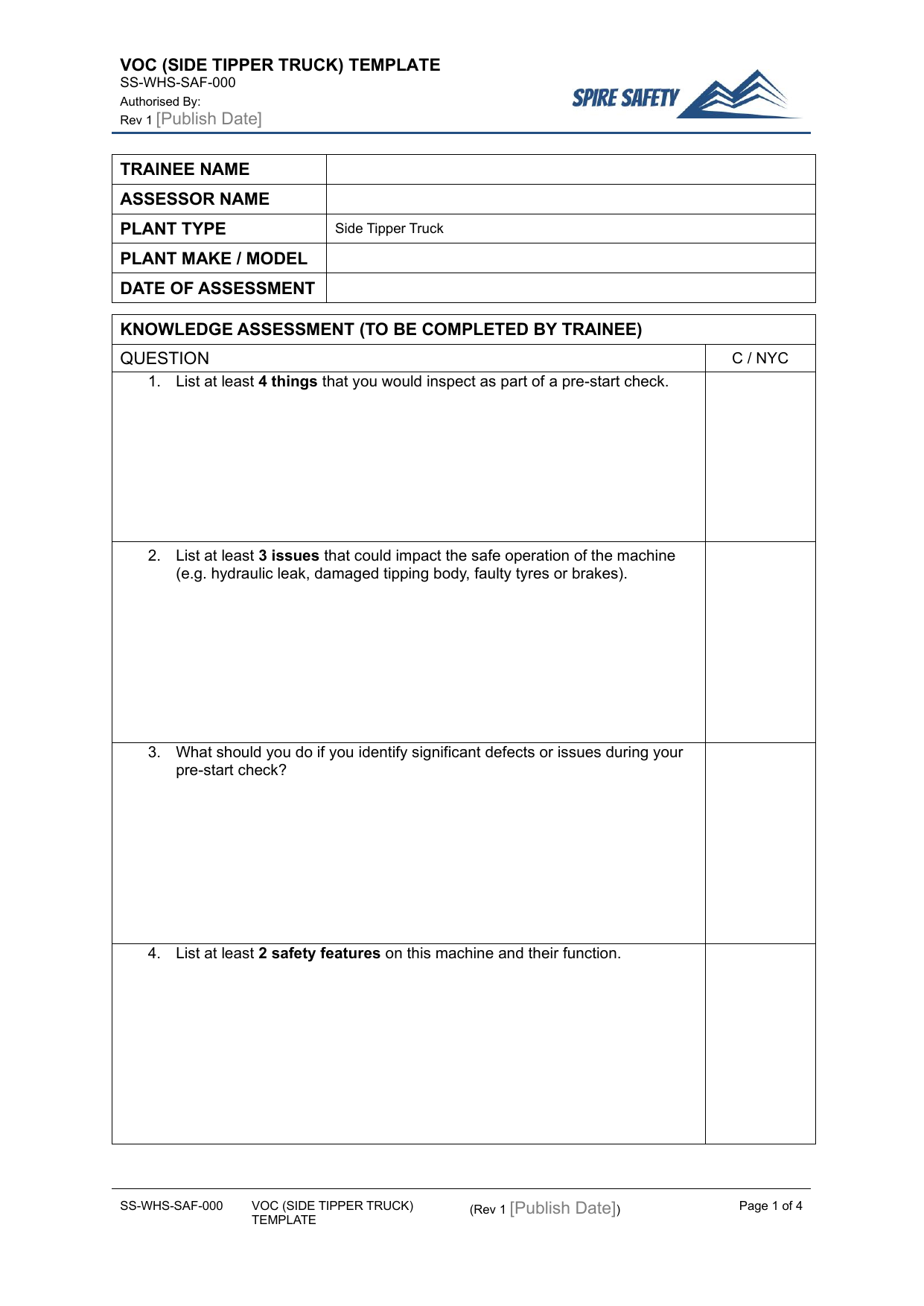 Verification of Competency (Side Tipper Truck) — document preview