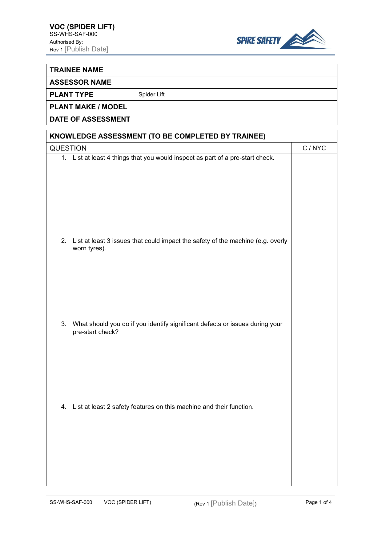 Verification of Competency (Spider Lift) — document preview