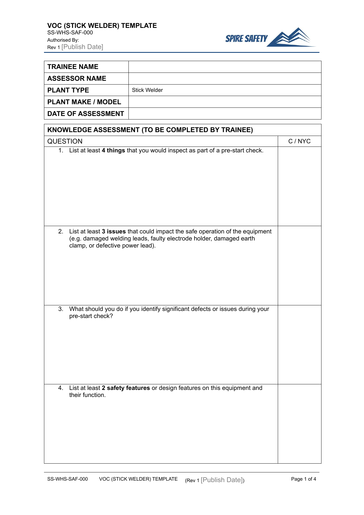 Verification of Competency (Stick Welder) — document preview