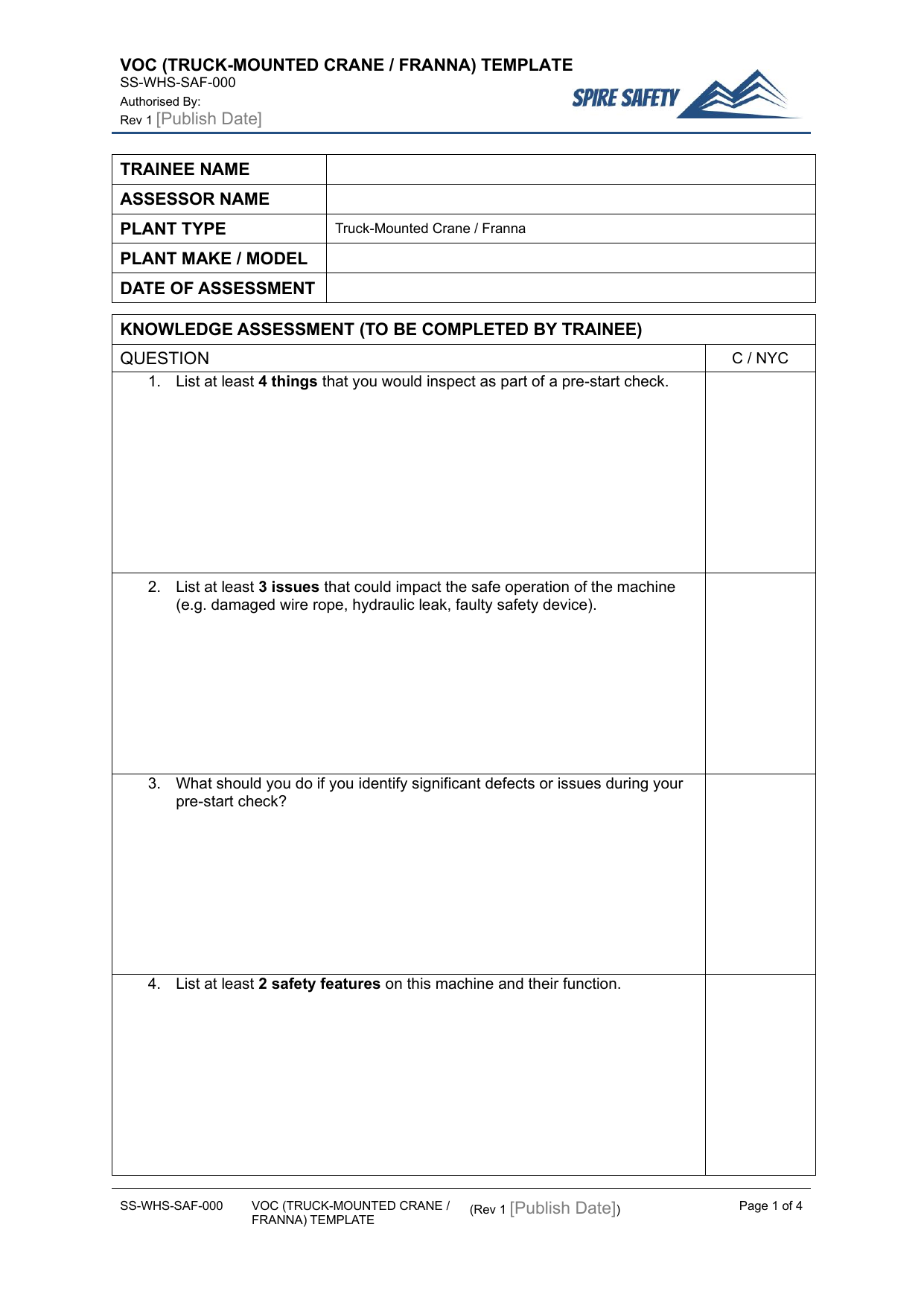 Verification of Competency (Truck-Mounted Crane or Franna)