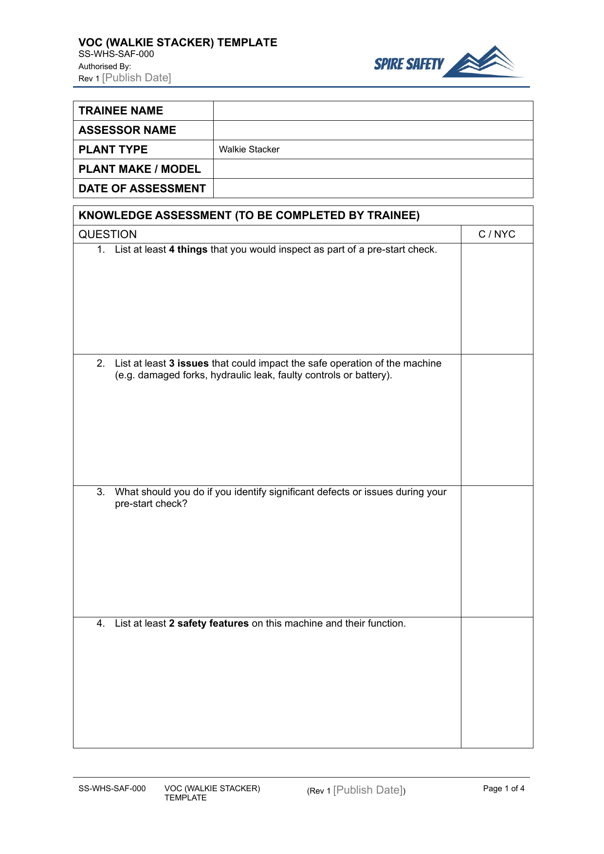 Verification of Competency (Walkie Stacker)