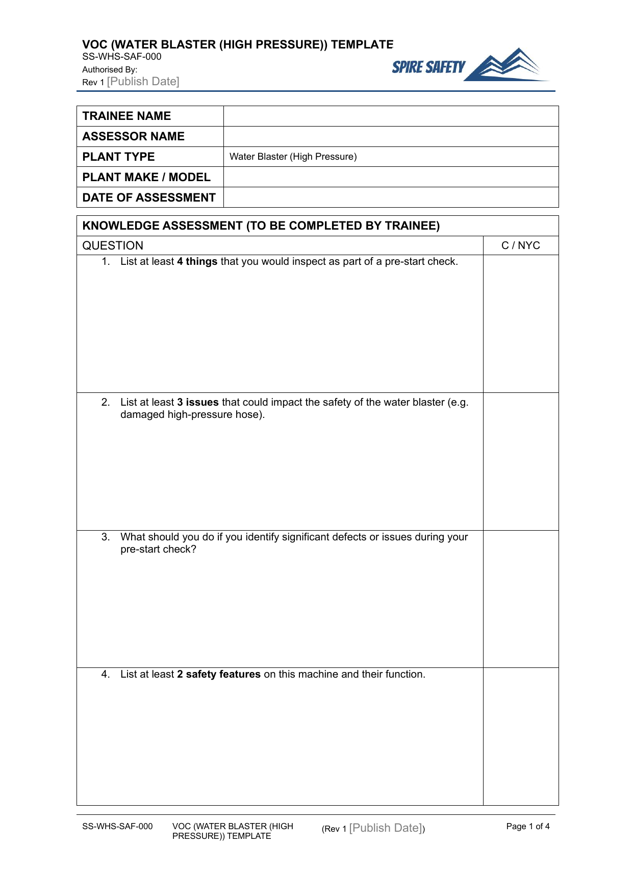 Verification of Competency (Water Blaster (High Pressure))