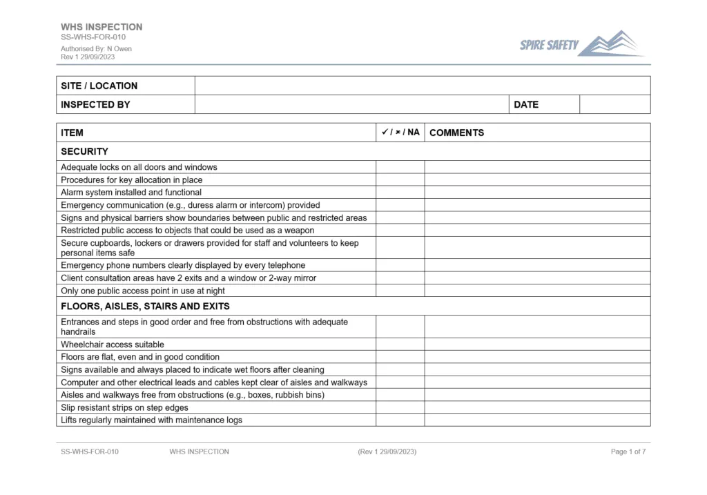Example WHS Inspection form used to identify workplace hazards