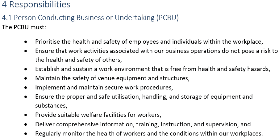 Diagram illustrating key WHS responsibilities for workers and management within a policy framework