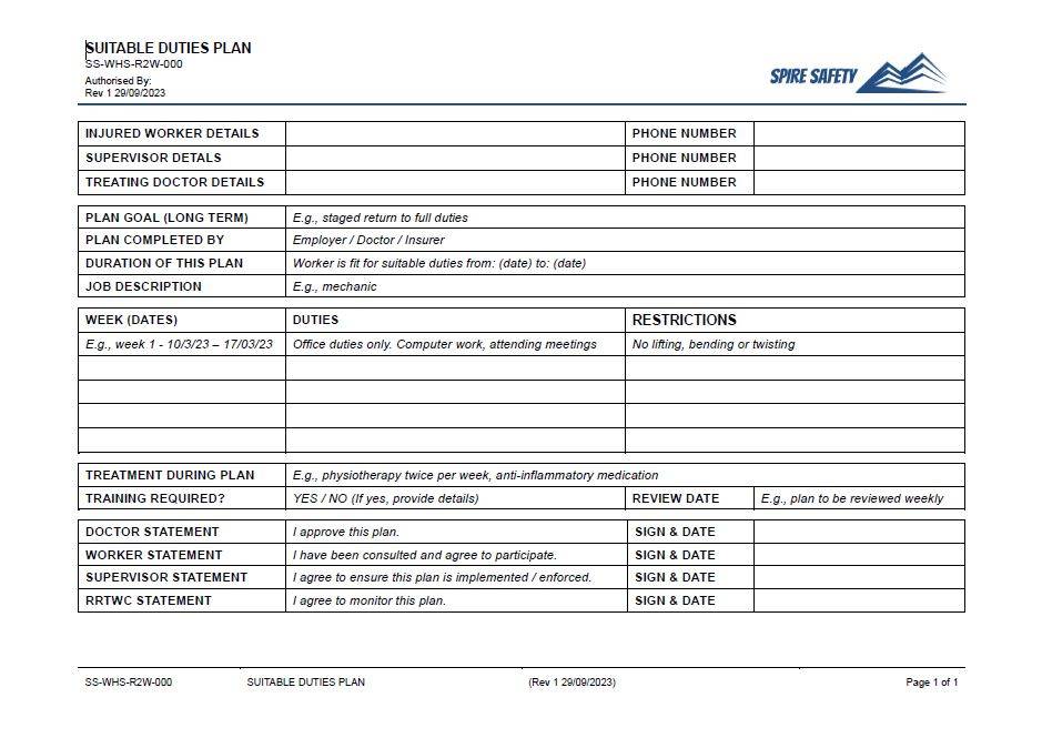 Suitable Duties Plan Template