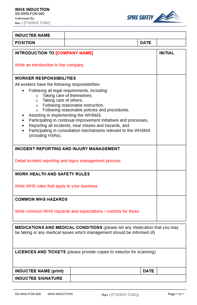 Free WHS Induction Template
