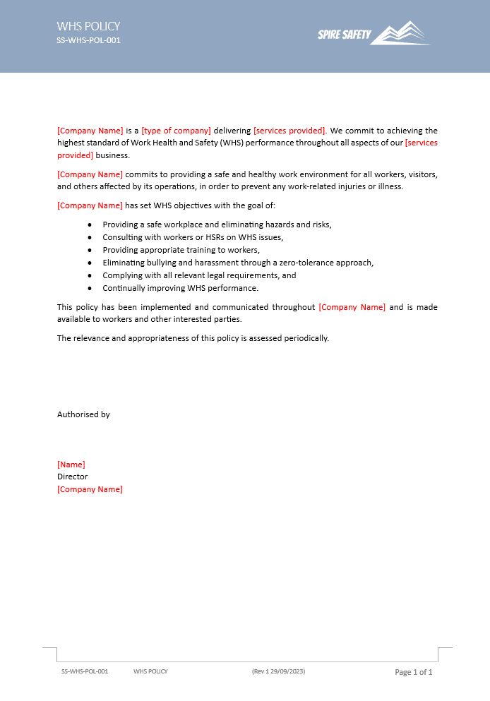 Free WHS Policy Template