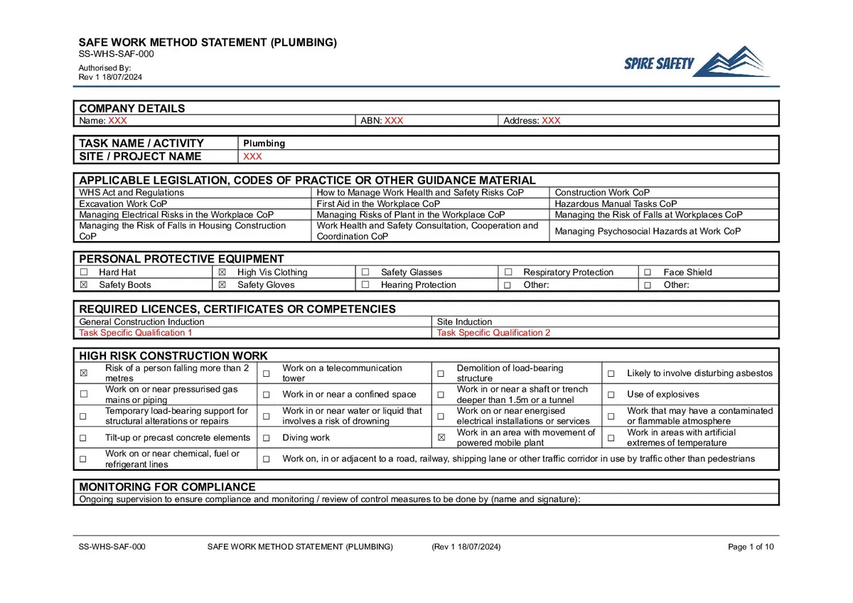Free Plumbing SWMS (Safe Work Method Statement) Template image