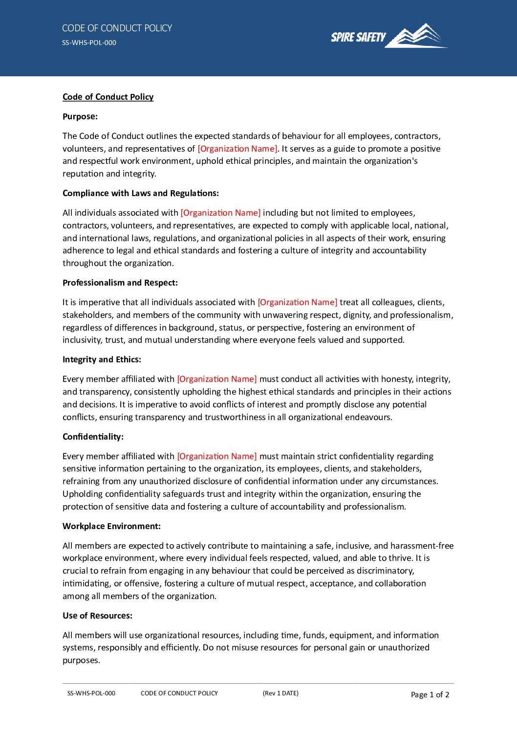 Free Code of Conduct Policy Template | Spire Safety