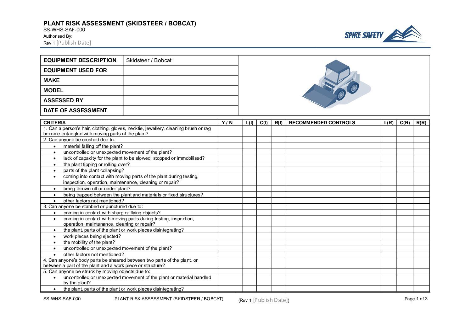 Free Skidsteer Bobcat Risk Assessment Template image