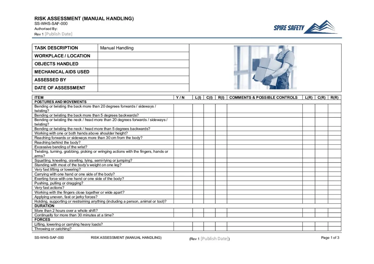 Free Manual Handling Risk Assessment Template image