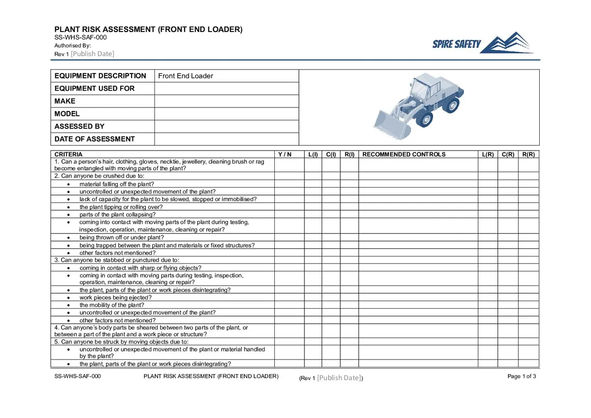 Free Front End Loader Risk Assessment Template image