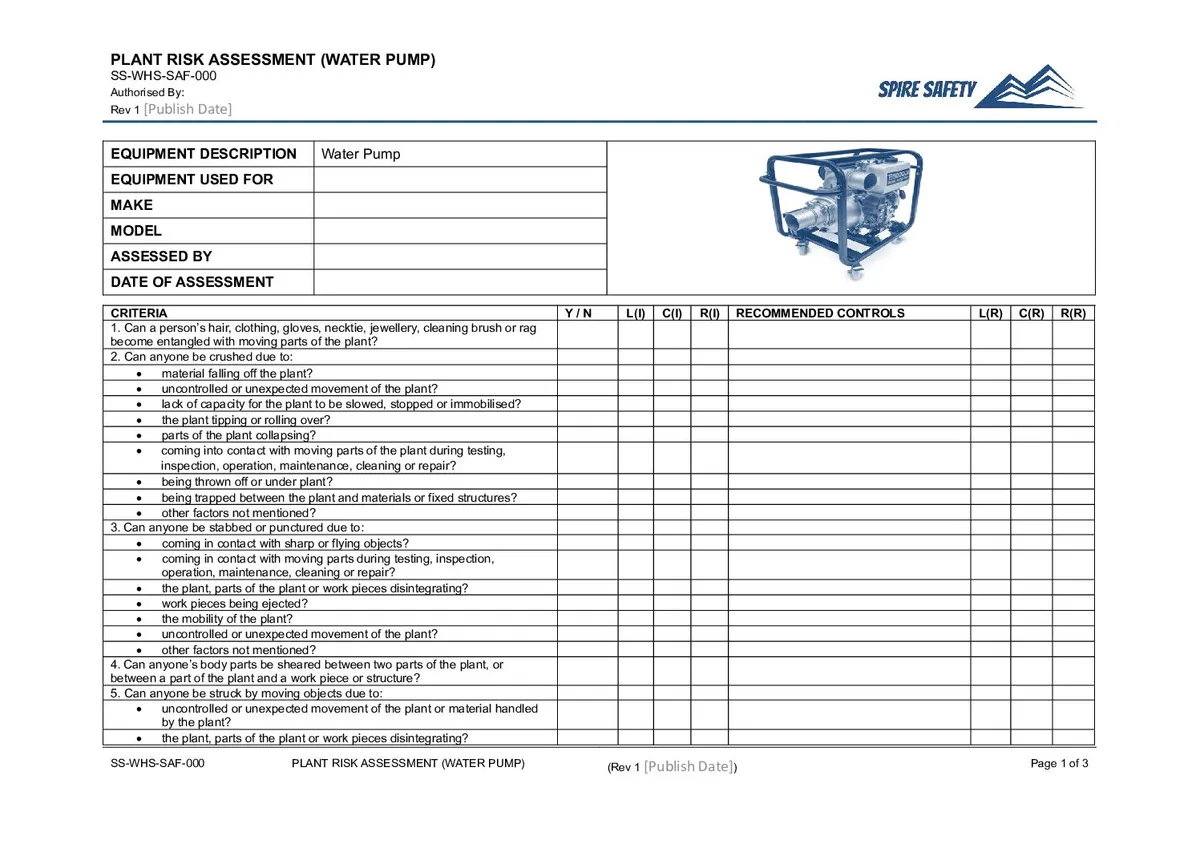 Free Water Pump Risk Assessment Template image