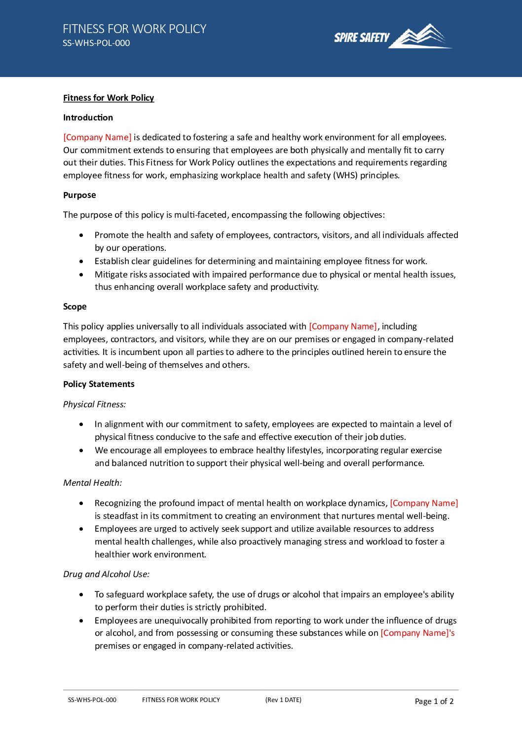 Free Fitness for Work Policy Template image