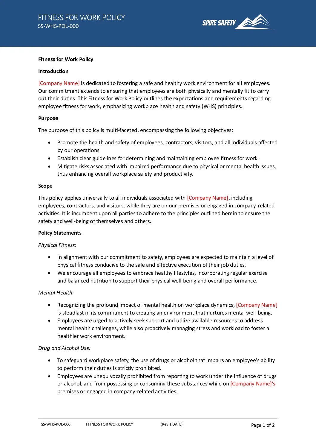 Free Fitness for Work Policy Template image