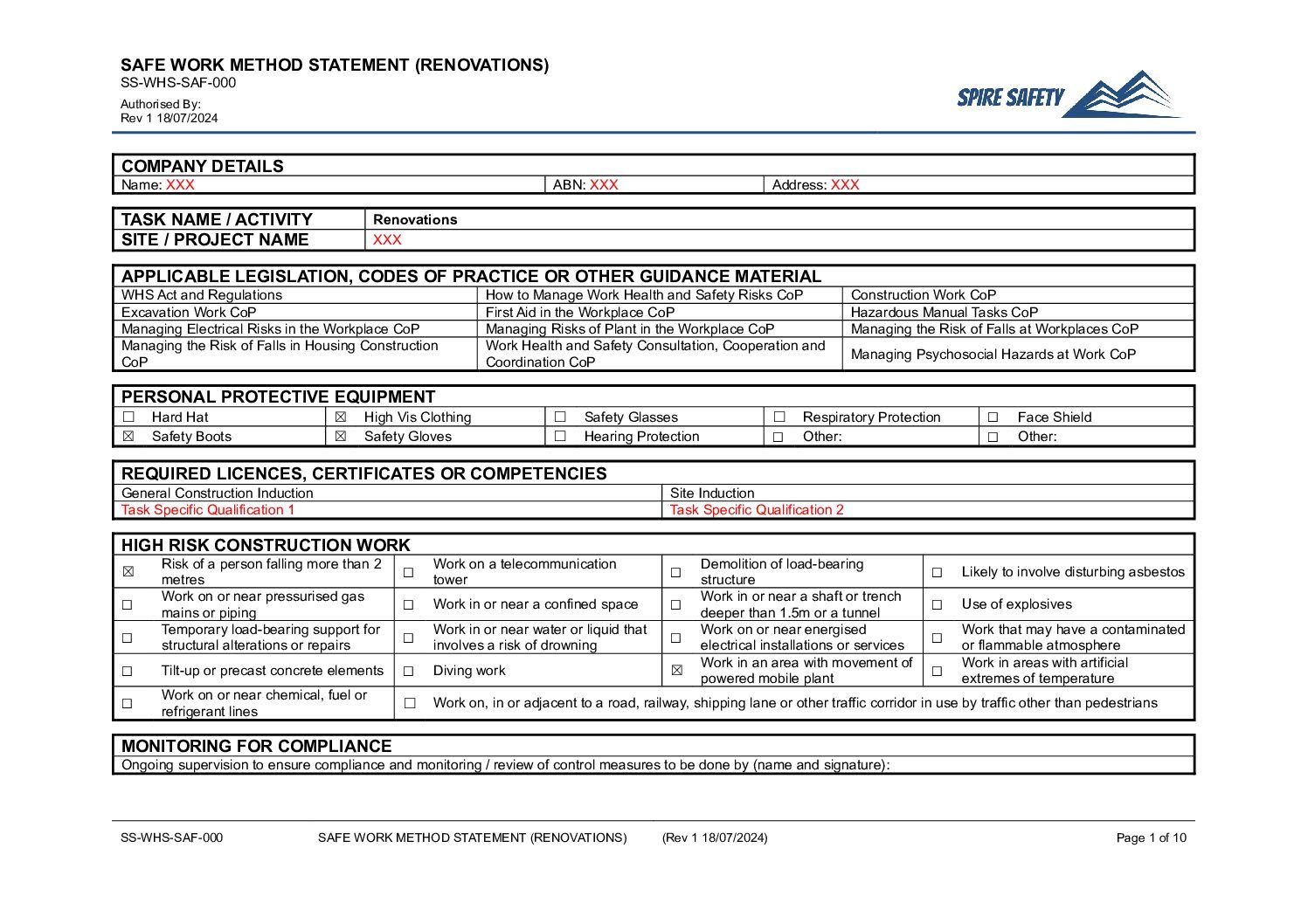 Free Renovations SWMS (Safe Work Method Statement) Template image