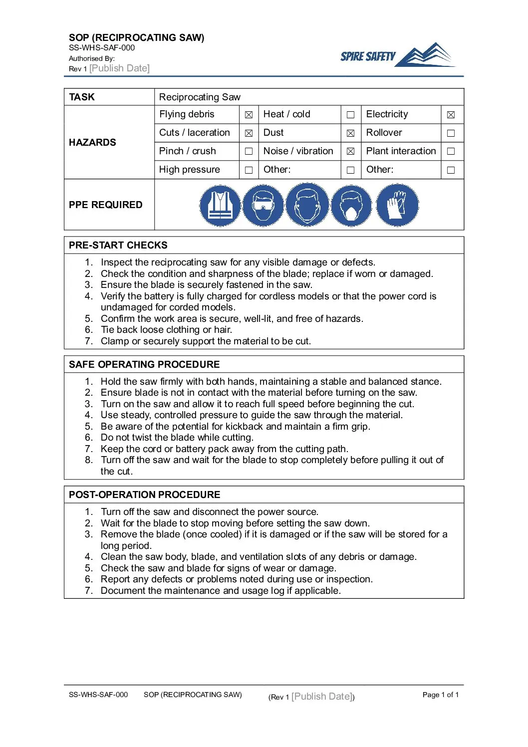 FREE Reciprocating Saw SOP (Safe Operating Procedure) Template image