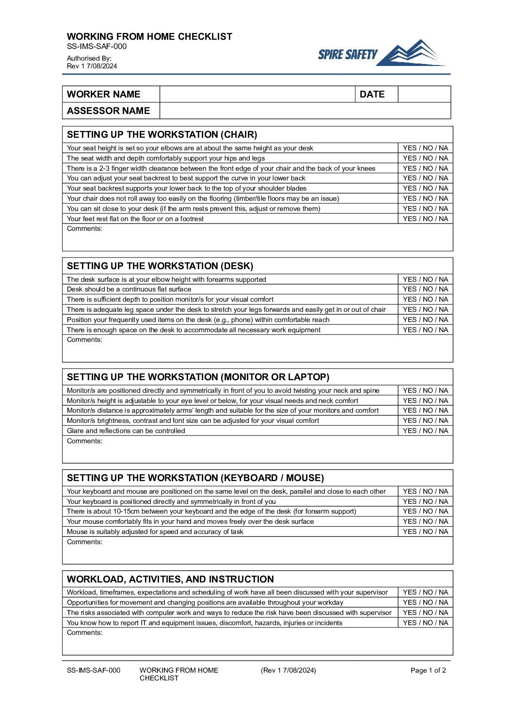 Working From Home Checklist Template | Spire Safety Consultants