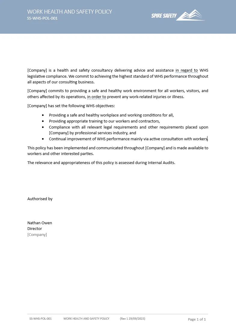 WHS policy and procedure manual on an Australian workplace desk, illustrating documented safety frameworks
