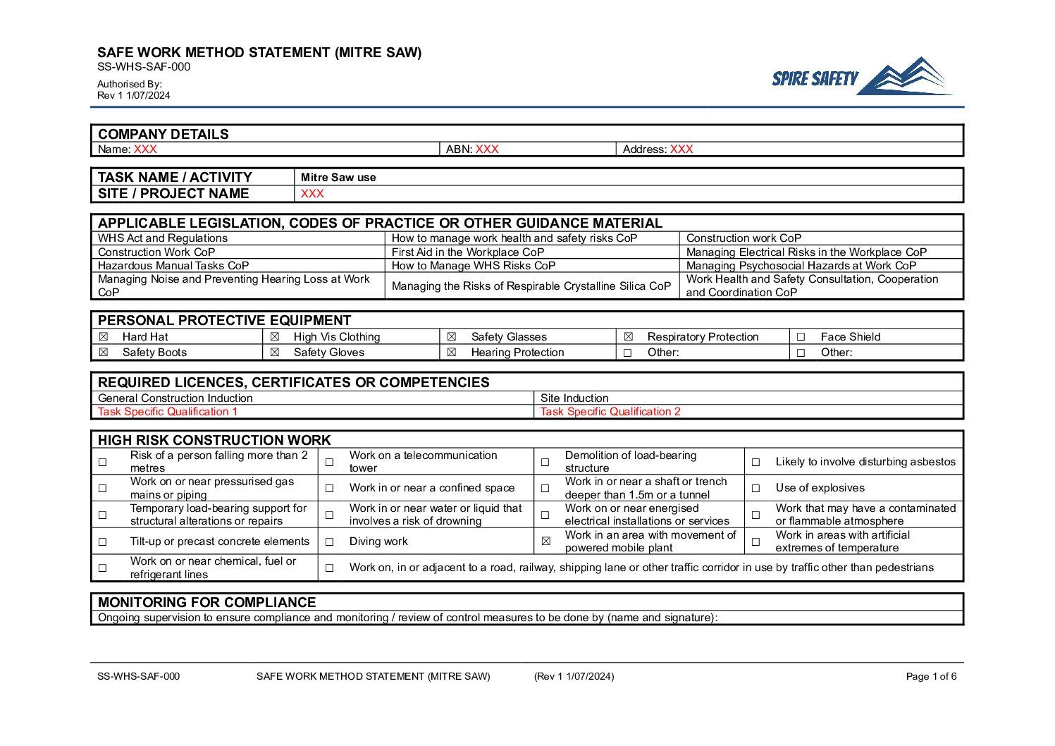 Free Mitre Saw SWMS (Safe Work Method Statement) Template image