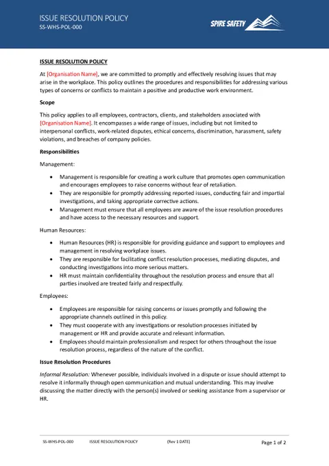 Early Issue Resolution Free Issue Resolution Policy Template | Spire Safety