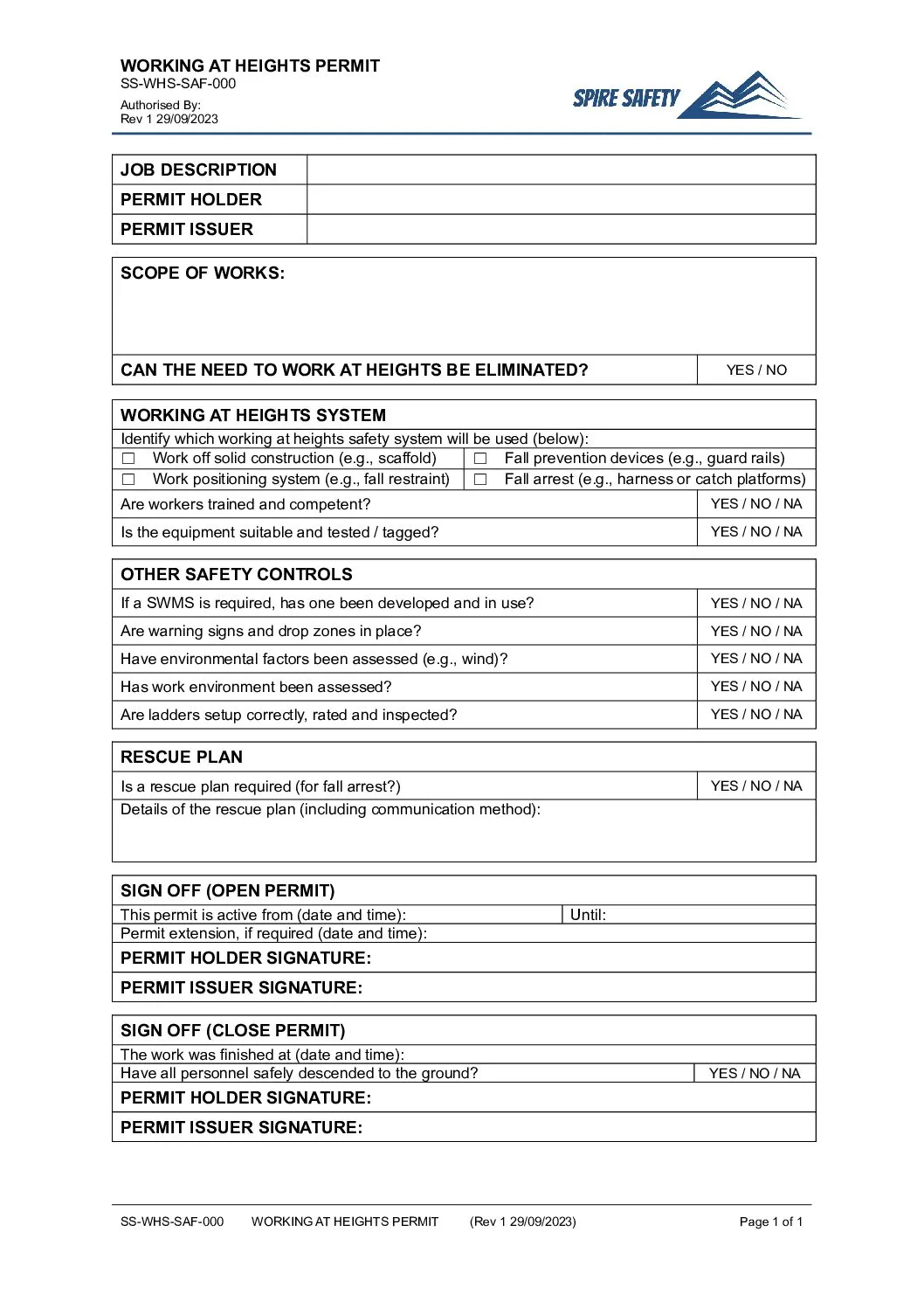 Free Working at Heights Permit Template image