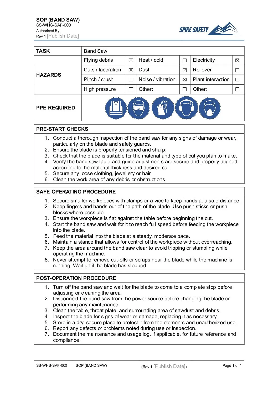 Free Band Saw SOP (Safe Operating Procedure) Template image