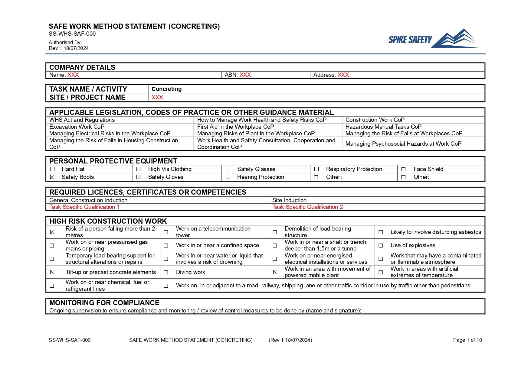 Free Concreting SWMS (Safe Work Method Statement) Template image