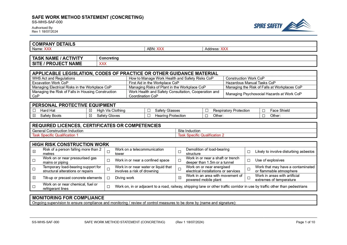 Free Concreting SWMS (Safe Work Method Statement) Template image