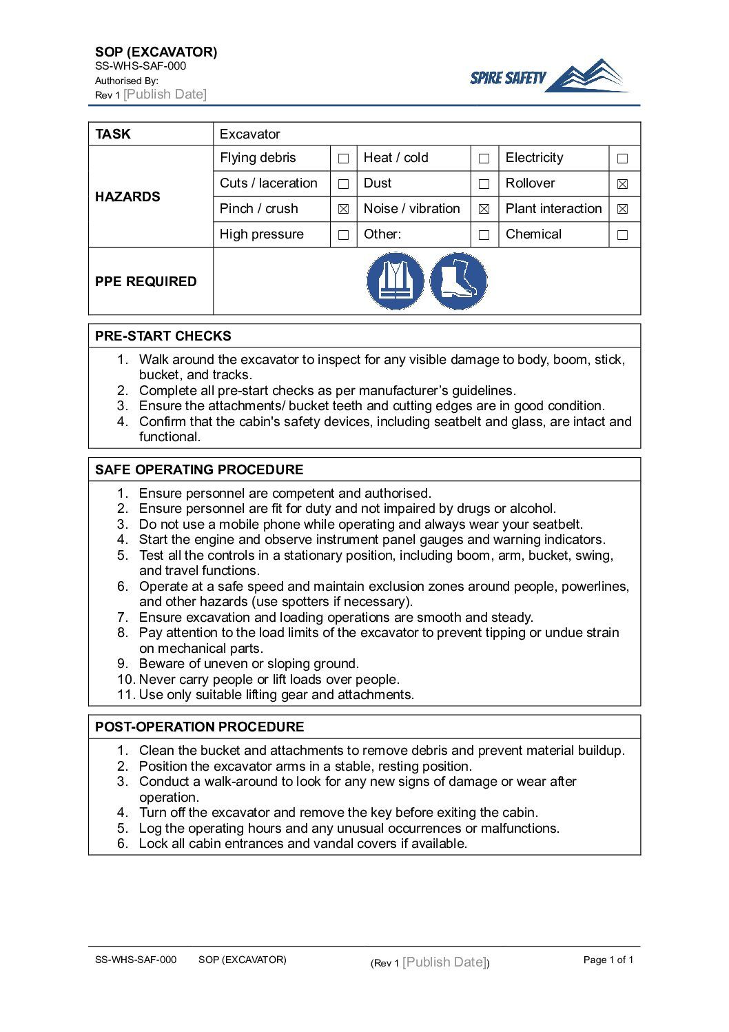 FREE Excavator SOP (Safe Operating Procedure) Template image