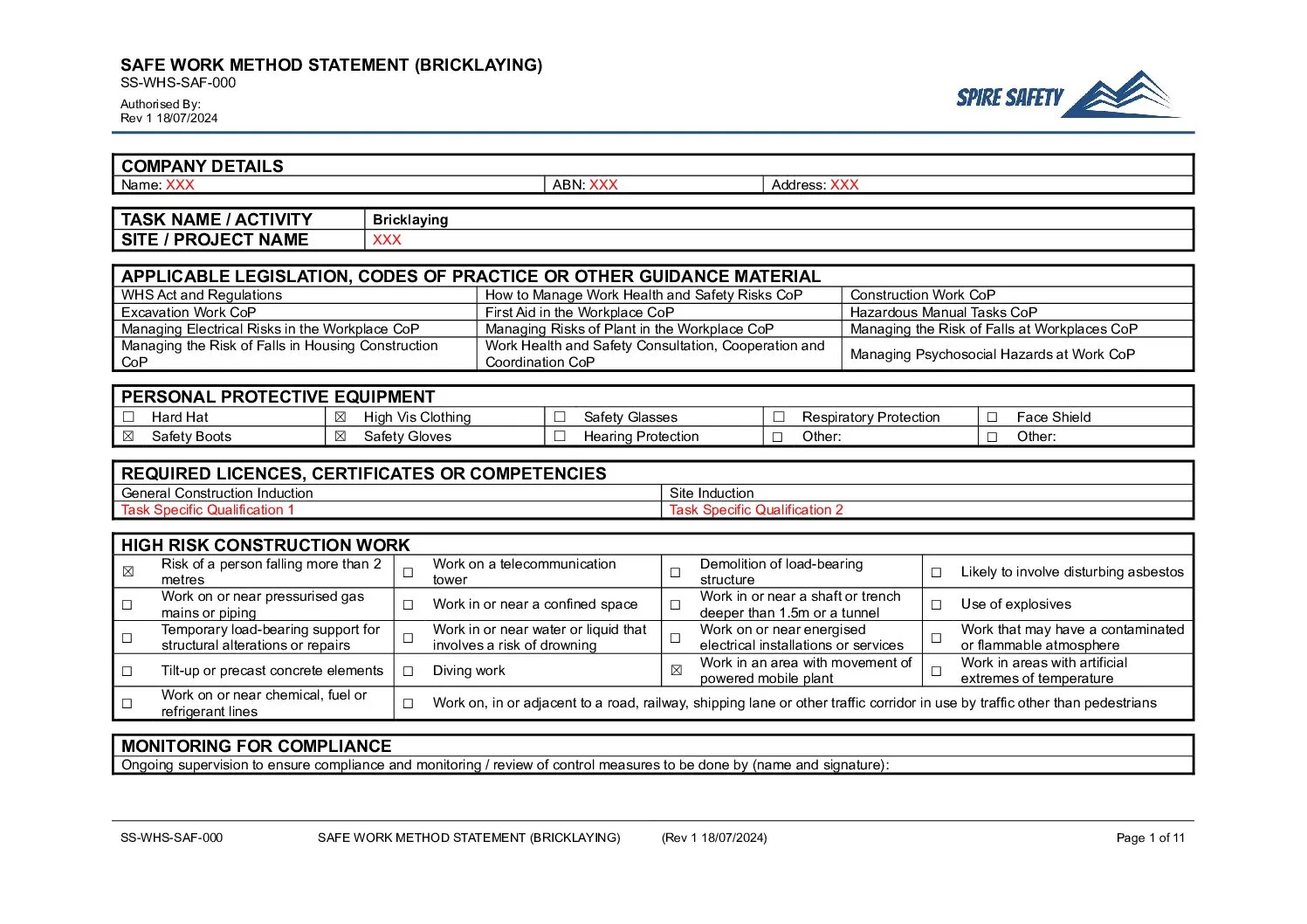 Builders Constructions Swms Example Free Bricklaying Swms Template | Spire Safety Consultants