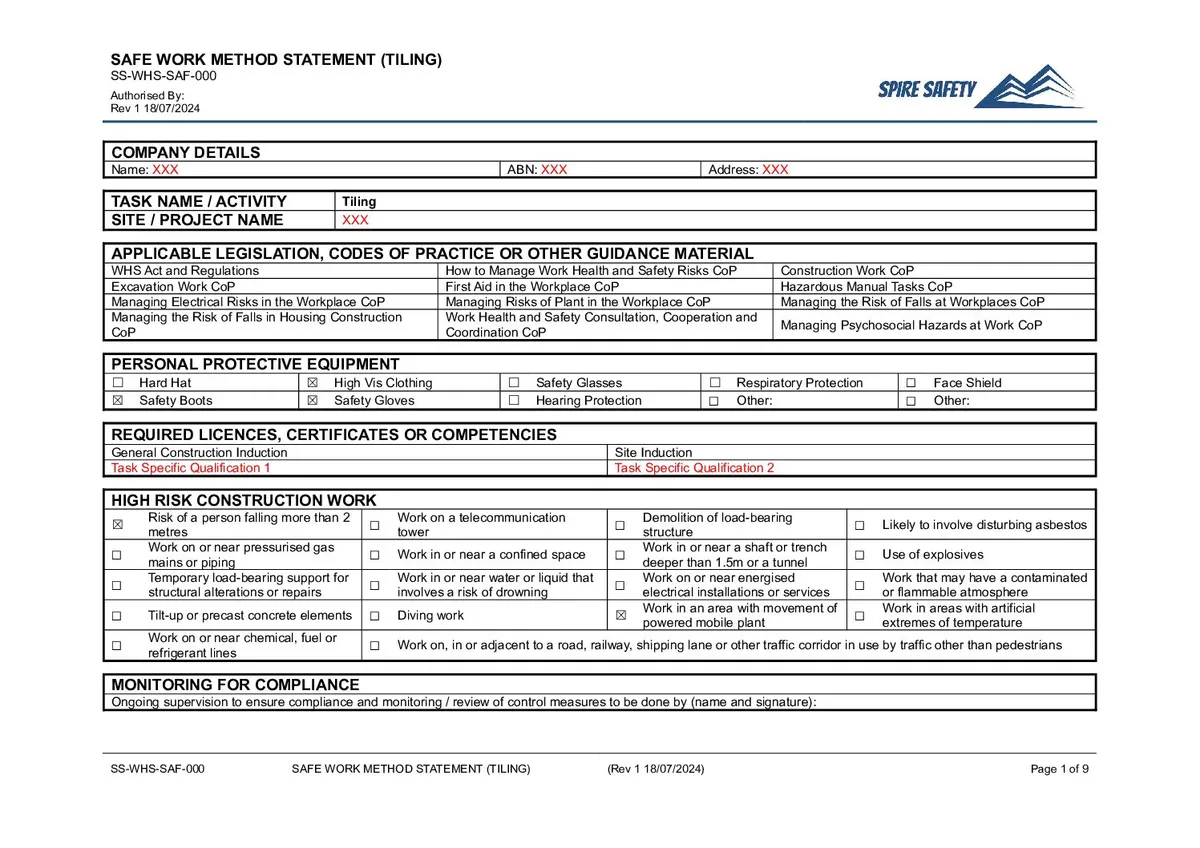 Tiling Swms Example Template Free Tiling SWMS Template | Download