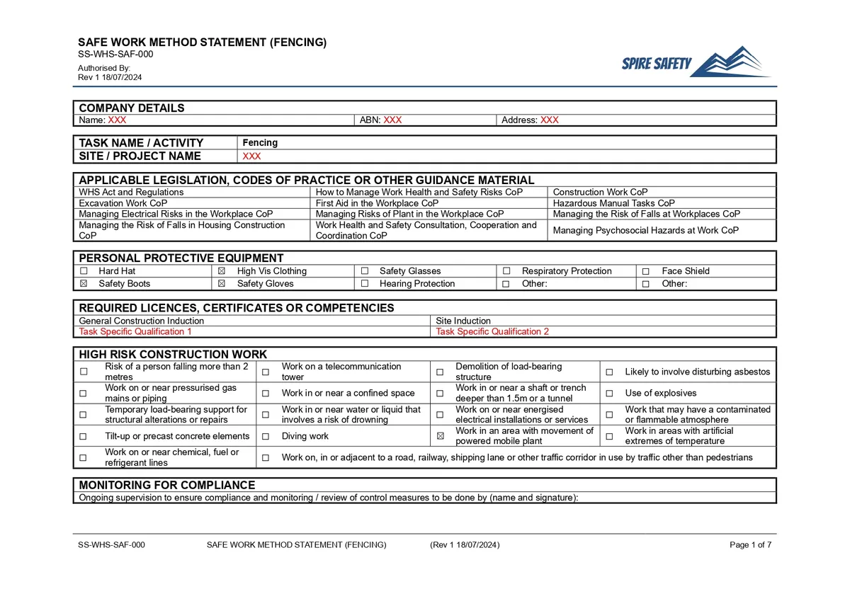 Free Fencing SWMS (Safe Work Method Statement) Template image