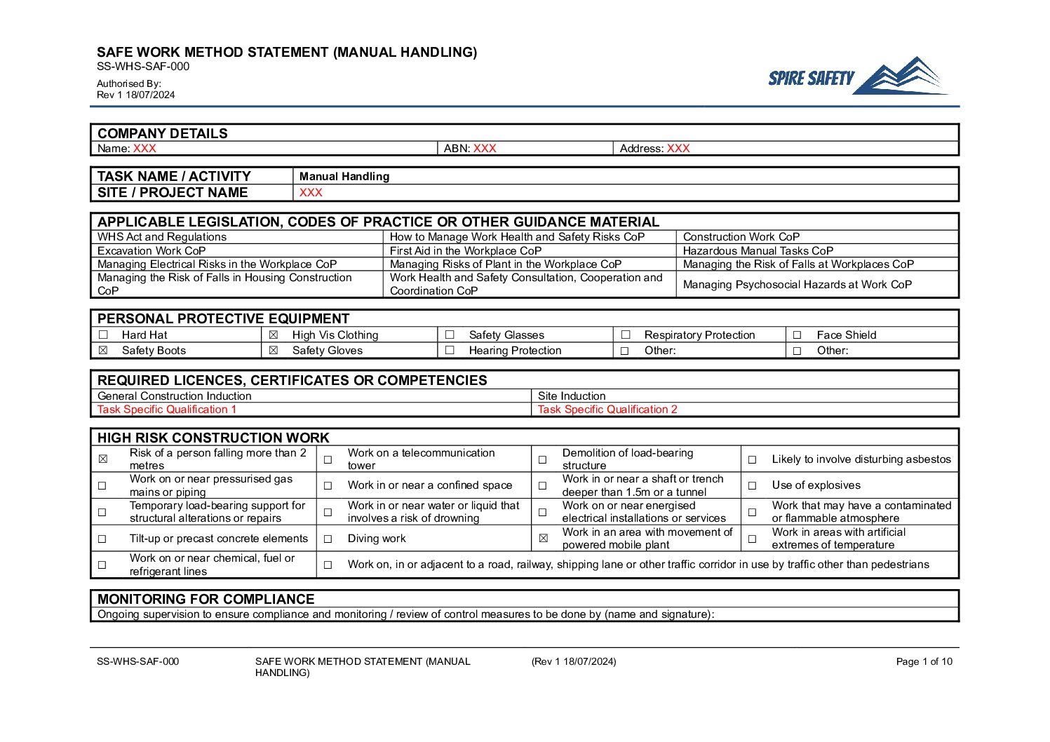 Free Manual Handling SWMS (Safe Work Method Statement) Template image