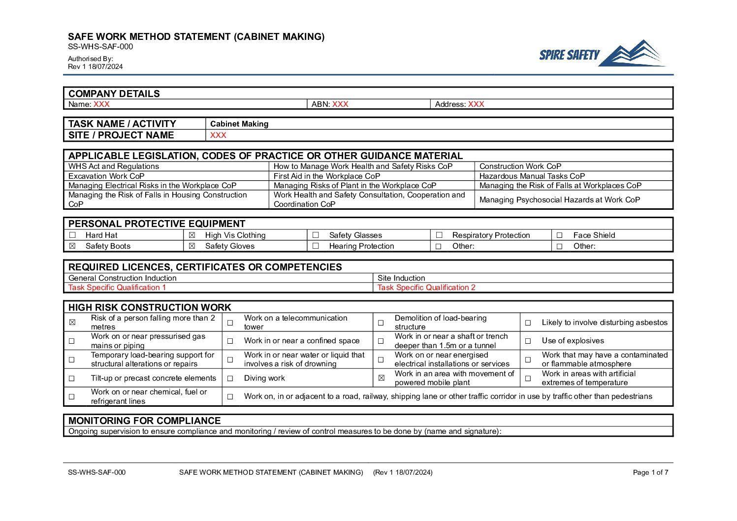 Free Cabinet Making SWMS (Safe Work Method Statement) Template image