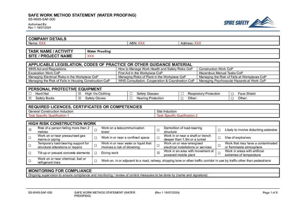 Free Water Proofing SWMS (Safe Work Method Statement) Template image