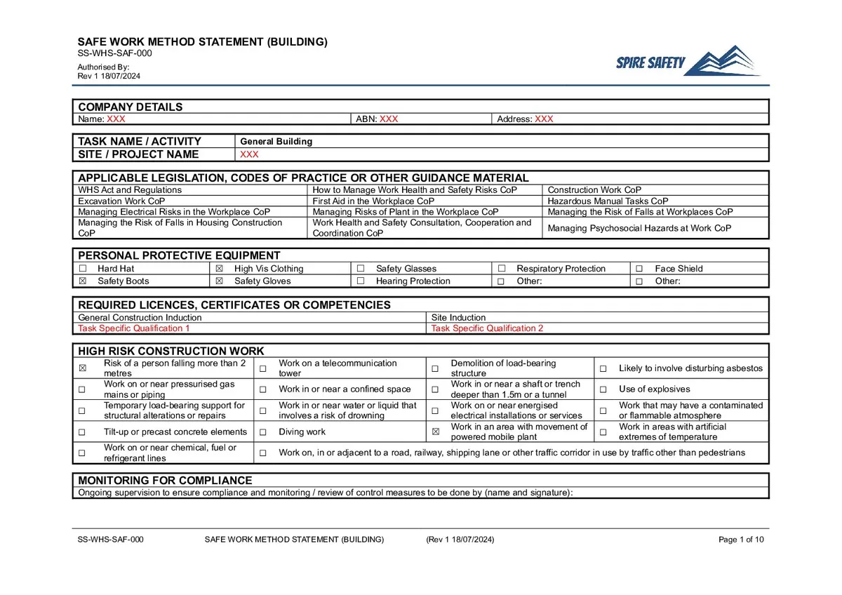 Free Building SWMS (Safe Work Method Statement) Template image
