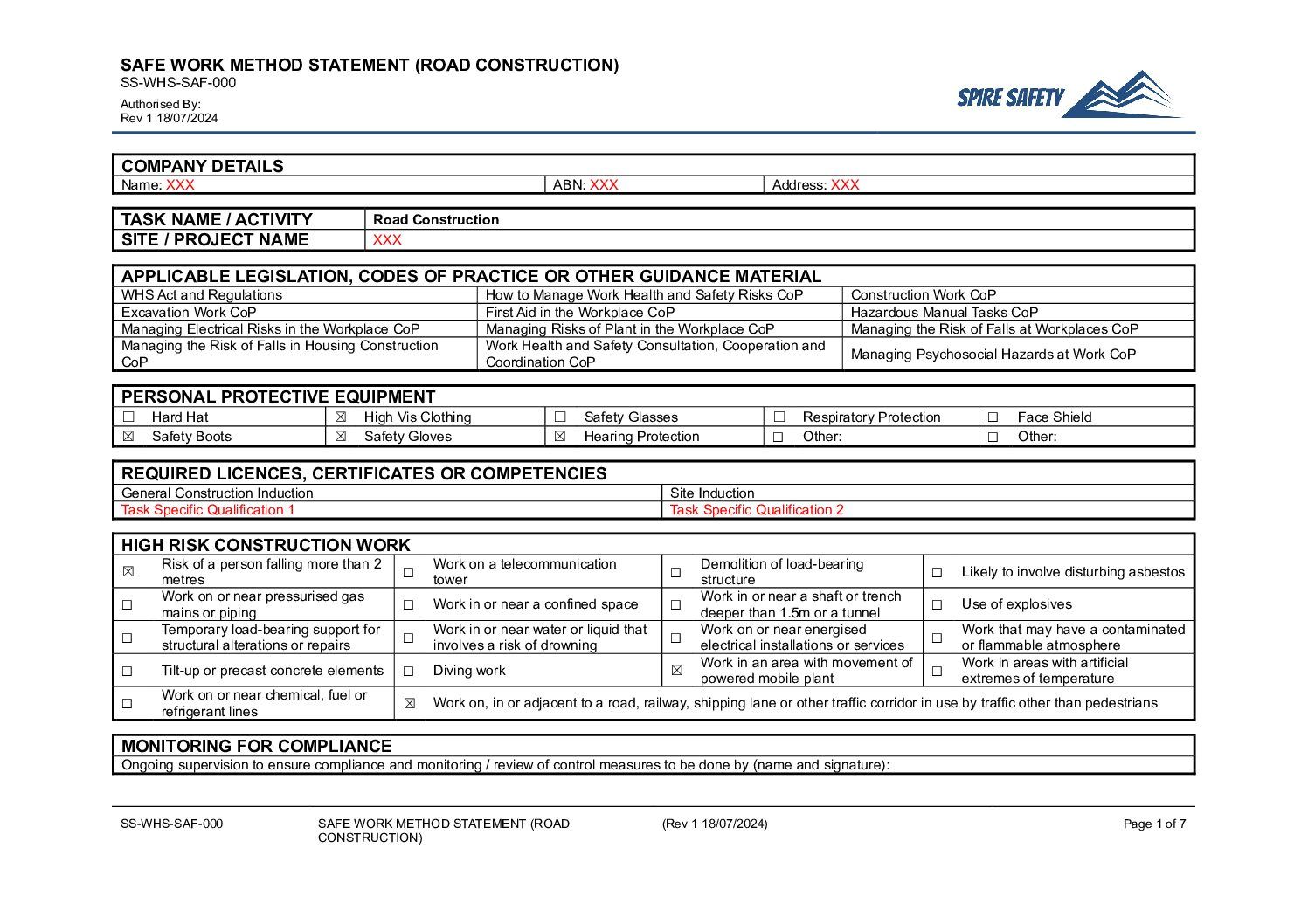 Free Road Construction SWMS (Safe Work Method Statement) Template image