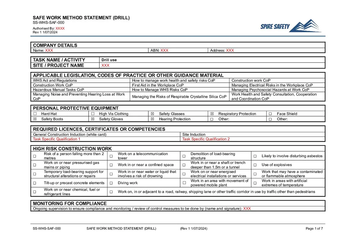 Free Drill SWMS (Safe Work Method Statement) Template image