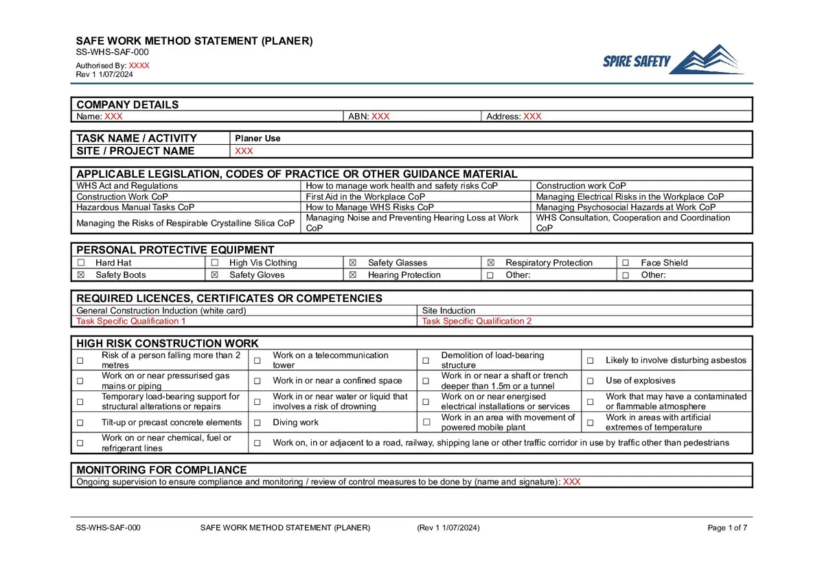 Free Planer SWMS (Safe Work Method Statement) Template image
