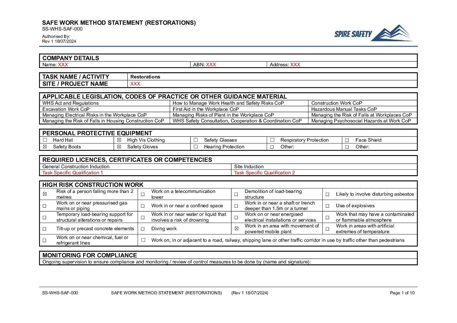 Free Restorations SWMS (Safe Work Method Statement) Template image