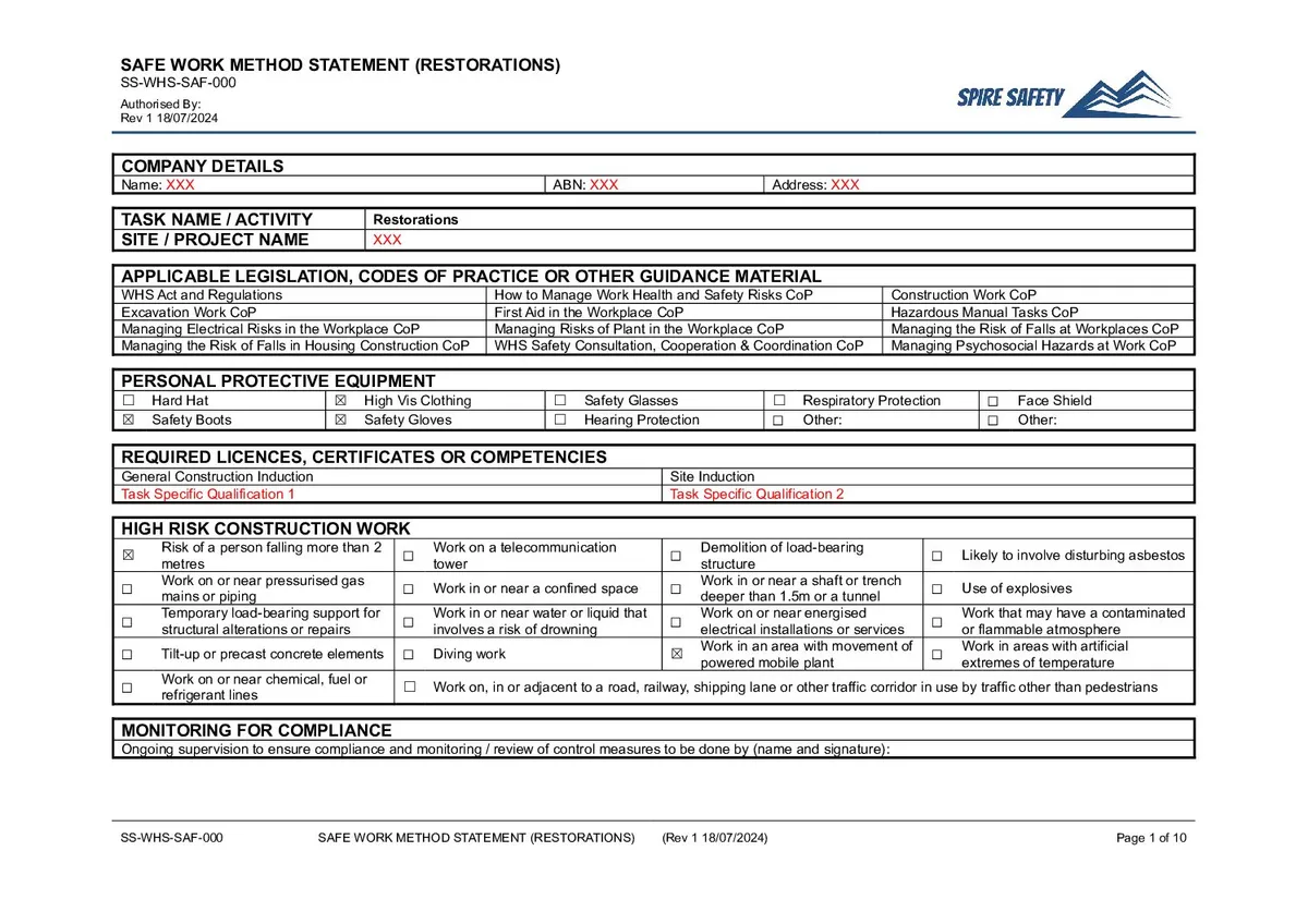 Free Restorations SWMS (Safe Work Method Statement) Template image