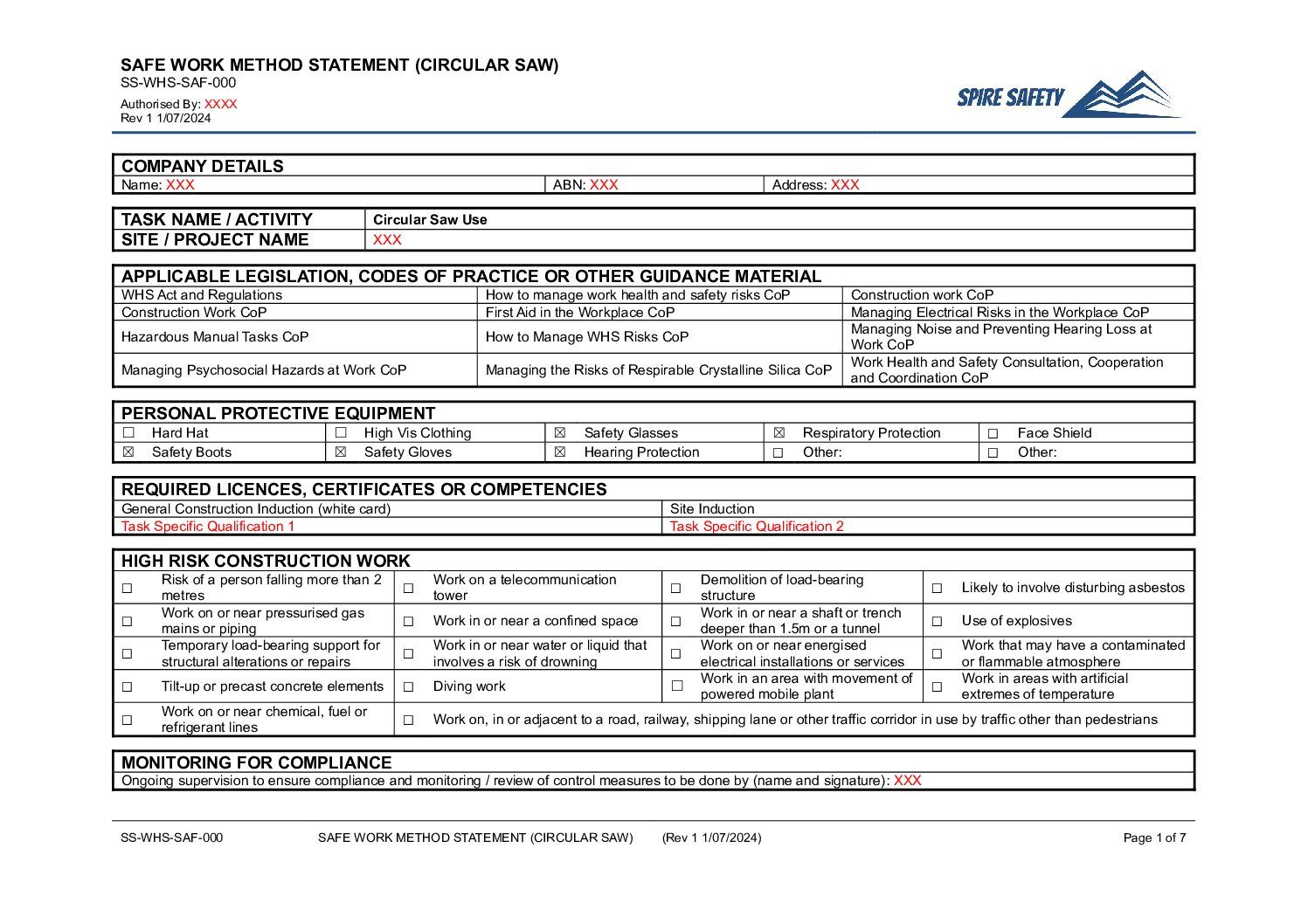 Free Circular Saw SWMS (Safe Work Method Statement) Template image