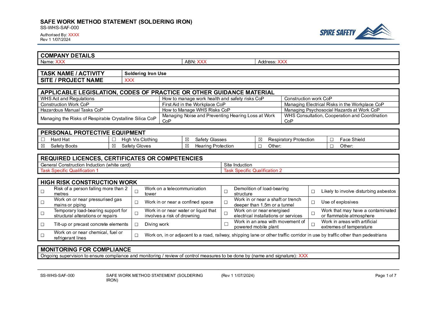 Free Soldering Iron SWMS (Safe Work Method Statement) Template image
