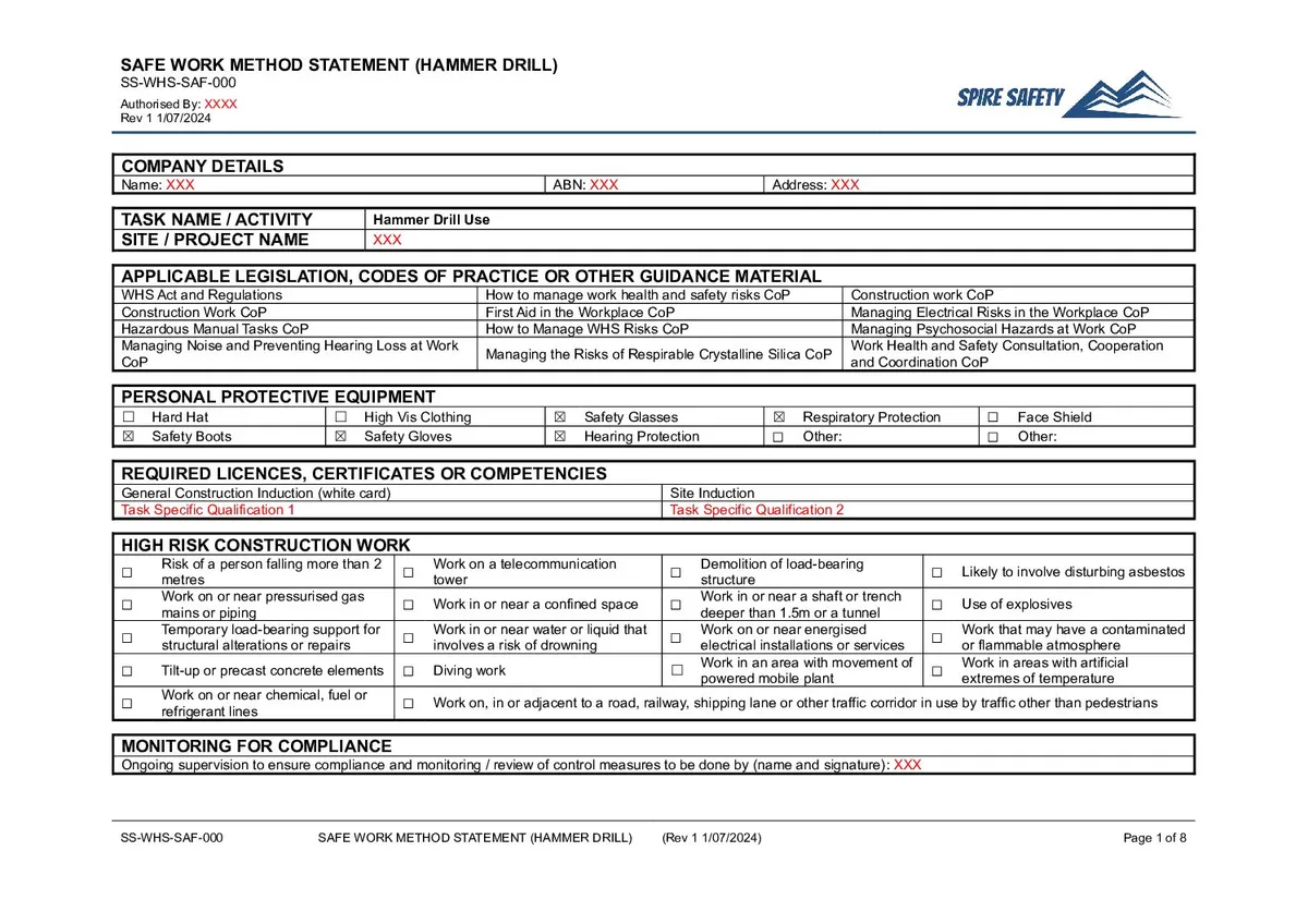 Free Hammer Drill SWMS (Safe Work Method Statement) Template image