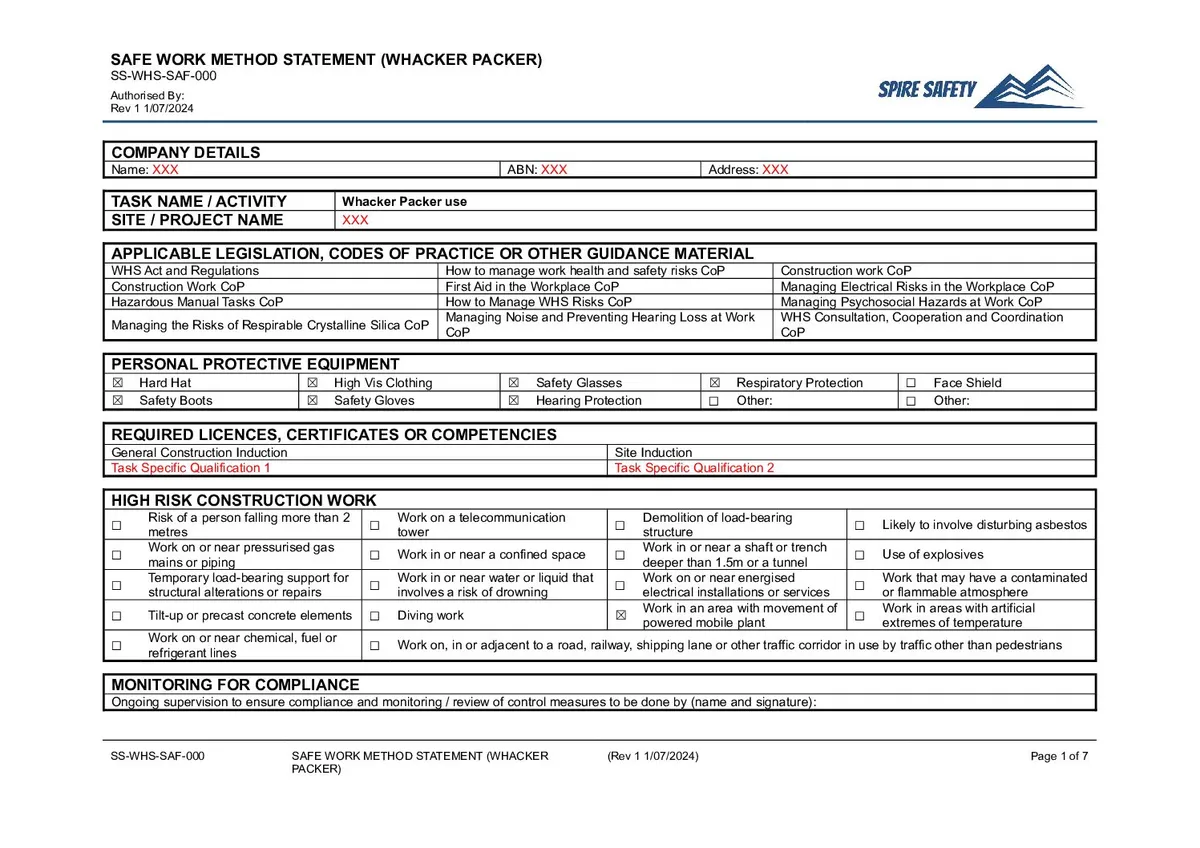 Free Whacker Packer SWMS (Safe Work Method Statement) Template image